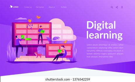 Digital learning, online database, content storing and searching, ebooks and e-library concept. Website homepage interface UI template. Landing web page with infographic concept hero header image.
