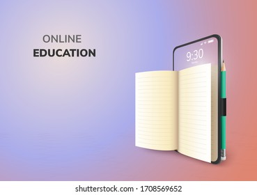 Digital learning Online Education internet and blank space on phone, mobile website background. social distance concept. decor by paper note book lecture pencil eraser mobile. 3D vector Illustration.