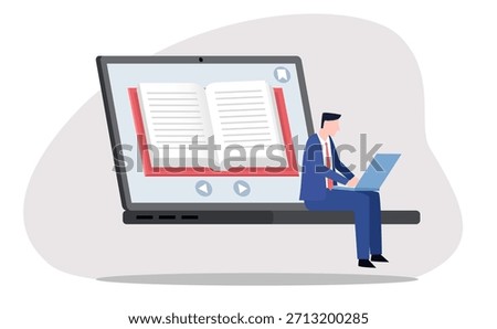 Digital learning, online reading. A man works on a laptop, while a large e-book displays on a bigger laptop screen, representing online reading, virtual book resources, and remote research.