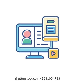 A digital learning platform displaying tutorials and an ebook for online courses using flat vector graphic style and blue palette.