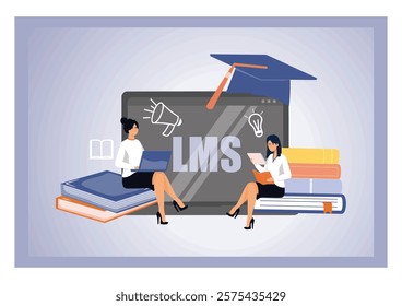 A digital learning platform with students surrounded by academic elements, symbolizing education and technology. Flat vector modern illustration 