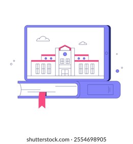 Digital Learning Platform With University Building On Tablet And Book In Flat Vector Illustration Symbolizing Online Education, Knowledge, And Modern Learning, Isolated On White Background