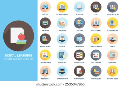 Digital learning rounded multi color  icons set. contain access, archive, library, assessment, discussion, homework, knowledge and more. use for modern concept, web and app development. Vector EPS 10