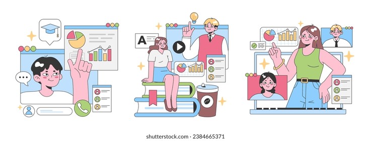 Digital Learning set. Characters engaging in online education, virtual charts, and graduation symbols. Interactive courses, video tutorials, and e-learning. Coffee break moments. vector illustration.