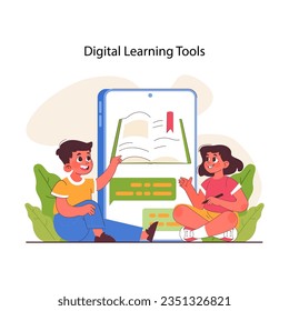 Digital learning tools for child development. Cognitive, physical and emotional skills. Formation of kid's healthy and integrated personality with modern technologies. Flat vector illustration