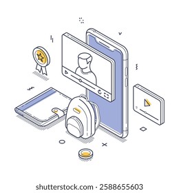 Digital learning tools, featuring a smartphone with a video lecture, a backpack, and interactive icons for online education. Modern isometric line art vector illustration