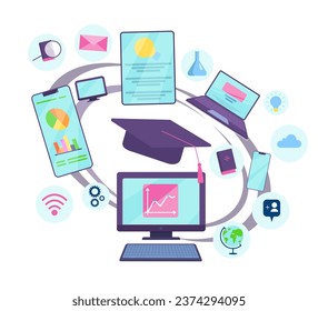 Digital learning tools for students vector illustration. Laptop, computer, smartphone, tablet with documents and infographics on screen for online studying. Education, e-learning concept