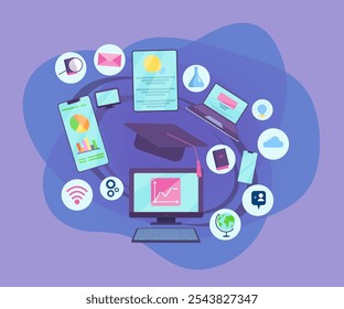 Digital learning tools for students vector illustration. Laptop, computer, smartphone, tablet with documents and infographics on screen for online studying. Education, e-learning concept