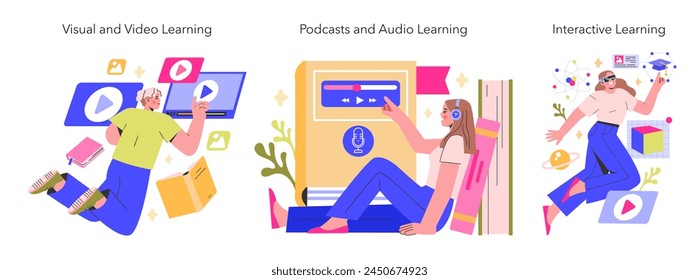 Digital Learning trio Engagement with video content, audio materials, and interactive modules for educational advancement Multimedia approach to modern studying Vector illustration