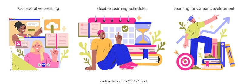Digital Learning trio Showcasing group study, time management in e-learning, and professional skills enhancement Embracing collaborative and self-directed educational experiences Vector illustration