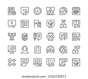 Digital learning. Vector line icons set. Elearning, online education, webinar, e-learning concepts. Black outline stroke symbols