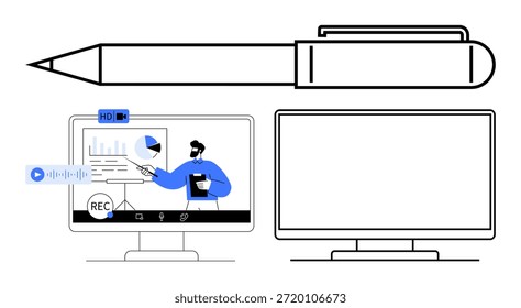 Video Aprendizaje digital, conferencias, creación de contenido, e-learning, presentaciones de negocios, producción de medios. Un bolígrafo, un monitor de computadora y una pantalla que muestra datos. Video Aprendizaje digital y