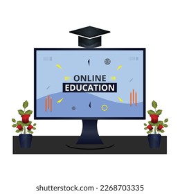 Digital Lecture Online Education blank space paper and graduate hat on laptop mobile phone website background. social distance concept