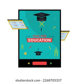 Digital Lecture Online Education blank space paper and graduate hat on laptop mobile phone website background. social distance concept
