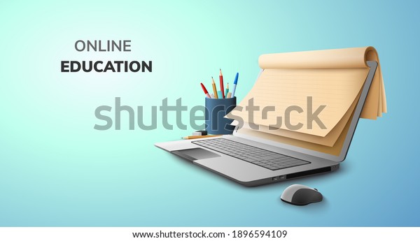 Digital Lecture Online Education blank space\
paper and graduate hat on laptop mobile phone website background.\
social distance\
concept