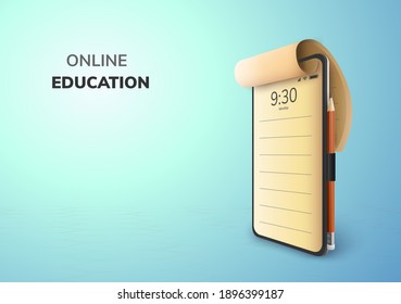 Digitale Vorlesung Online-Bildung Internet und Leerraum auf Telefon, mobile Website Hintergrund. Konzept der sozialen Distanz. Dekoration mit Schreibtisch Student Schreibtisch Stuhl mit Bleistift. 3D-Vektorgrafik.