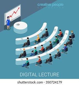 Digital lecture web conference flat 3d isometric education knowledge concept web vector illustration. Class auditory wi-fi sign shaped table style interior. Creative people collection.