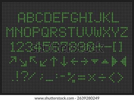 Digital led display font. Scoreboard alphabet. Sign numbers and letters. Information panel board. Airport electric screen. Vector illustration