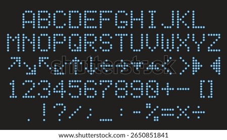 Digital led display font. Scoreboard alphabet. Sign numbers and letters. Information panel board. Airport electric screen. Vector illustration