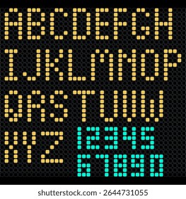 Conjunto de fontes de matriz de pontos LED digital incluindo letras maiúsculas e números em estilo pixel. Adequado para placas de sinalização, monitores eletrônicos ou projetos de tecnologia retro.
