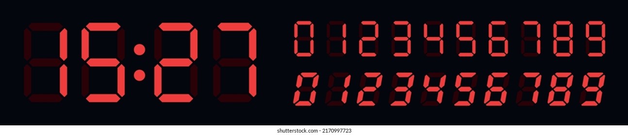Digital led numbers set. Electronic clock. Red digital clock. Digital display font. Clock and numbers. Screen symbols vector set. Vector illustration.