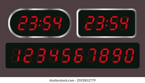 Digital LED Numbers Set – Red Electronic Clock Display Font and Screen Symbols Vector