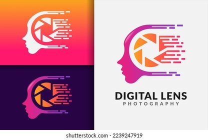 Digital Lens Logo Design. Abstract Human Face Combined with Digital Lens Style Concept.