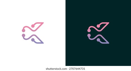 Design do logotipo da letra digital K com elementos de tecnologia de placa de circuito em fundos brancos e escuros

