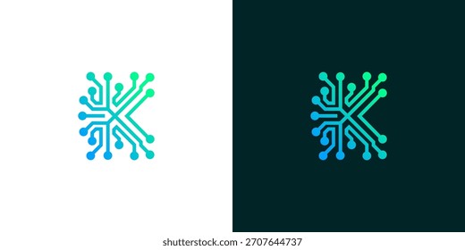 Digitaler Buchstabe K Logo-Design mit Leiterplattentechnologie-Elementen auf weißem und dunklem Hintergrund

