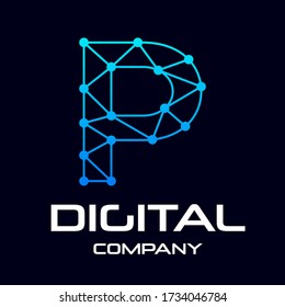 Plantilla de logotipo vectorial P de letra digital. Este diseño utiliza tecnología y símbolo de punto. Adecuado para marca de identidad.