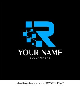 logotipo de letra digital R. Imagen vectorial de la letra R y el píxel. Signo R inicial para el negocio de la tecnología