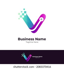 Digital letter V logo template with gradient colors style