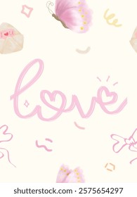 Digital lettering "Love" with pink and floral elements on beige background. Perfect for Valentine’s Day or romantic designs.