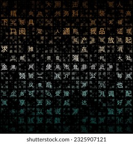 Digital letters cover. Random characters of Chinese Simplified Alphabet. Gradiented matrix pattern. Brown, blue, and green color theme backgrounds. Tileable horizontally. Charming vector illustration.