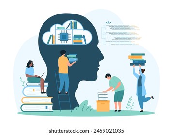 Digital library with AI, data file storage service. Tiny people training with virtual help of intelligent bot, characters upload science books from shelf inside head cartoon vector illustration