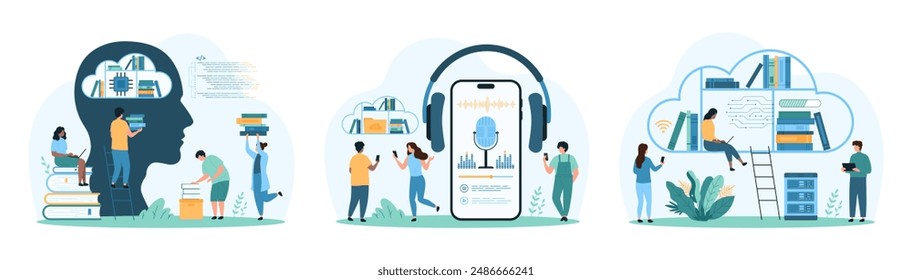 Digital library, AI and data file storage service set. Tiny people record sound with microphone, listen audiobook with headphones, using mobile app to read books online cartoon vector illustration