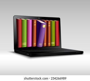 Digital library concept with 3d realistic book shelf in notebook vector illustration