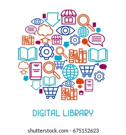 Digital library concept background. E-books, reading and downloading.