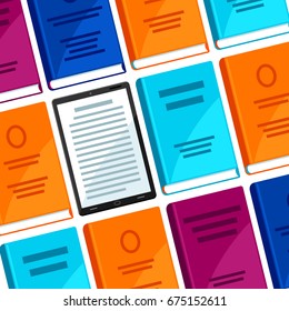 Digital library concept background. Set of books and tablets.