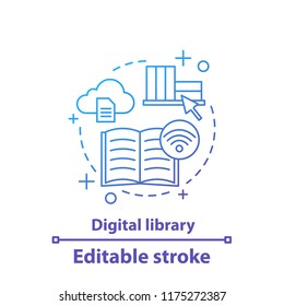 Digital library concept icon. E-library. Online education. Electronic books idea thin line illustration. E-books, e-encyclopedias. Online library. Vector isolated outline drawing. Editable stroke