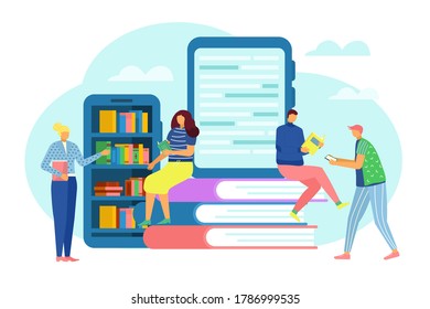 Digital library concept, internet education and study, e-books technology vector flat illustration. Electronic books with micro people and literature, digital library in tablet, studying ebook media.