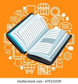 Digital library concept. Laptop with open book. E-book online reading.
