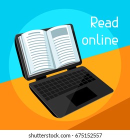 Digital library concept. Laptop with open book. E-book online reading.