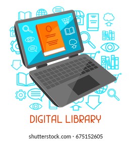 Digital library concept. Laptop with open book. E-book online reading.
