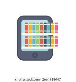 Conceito de biblioteca digital com smartphone exibindo prateleira cheia de livros coloridos para leitura e educação