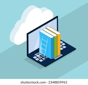 Digital library concept. Stack of books at laptop. Cloud service and electronic archive and storage. Knowledge and information. Online bookstore. Cartoon isometric vector illustration