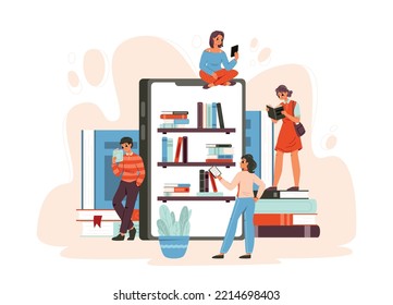 Digital library concept. University students online books reading. Language course, media reading files. Teens learning, read ebook snugly vector scene