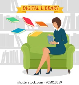 Digital library concept. Woman sitting on the couch and using a tablet, reads and downloads books.