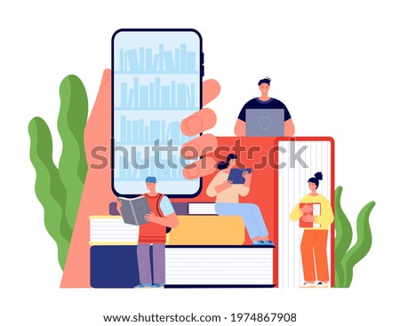 Digital library concept. Young people read, flat student with books. Distance university education, ebook online reading utter vector concept
