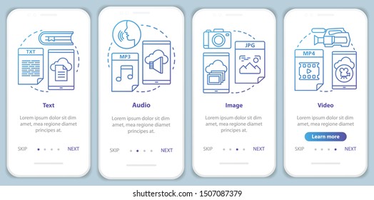 Digital library content onboarding mobile app page screen with linear concepts. Audio media types 4 walkthrough steps graphic instructions in blue. UX, UI, GUI vector template with illustrations